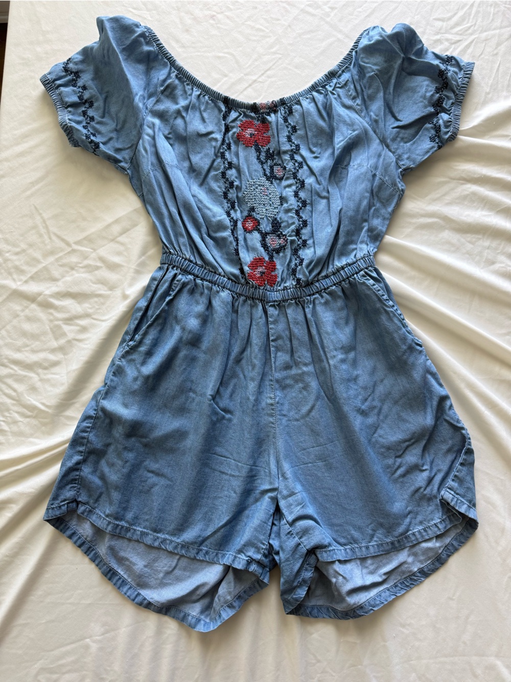 Old Navy Womens Small Chambray Floral Embroidered Romper Light Blue Boho